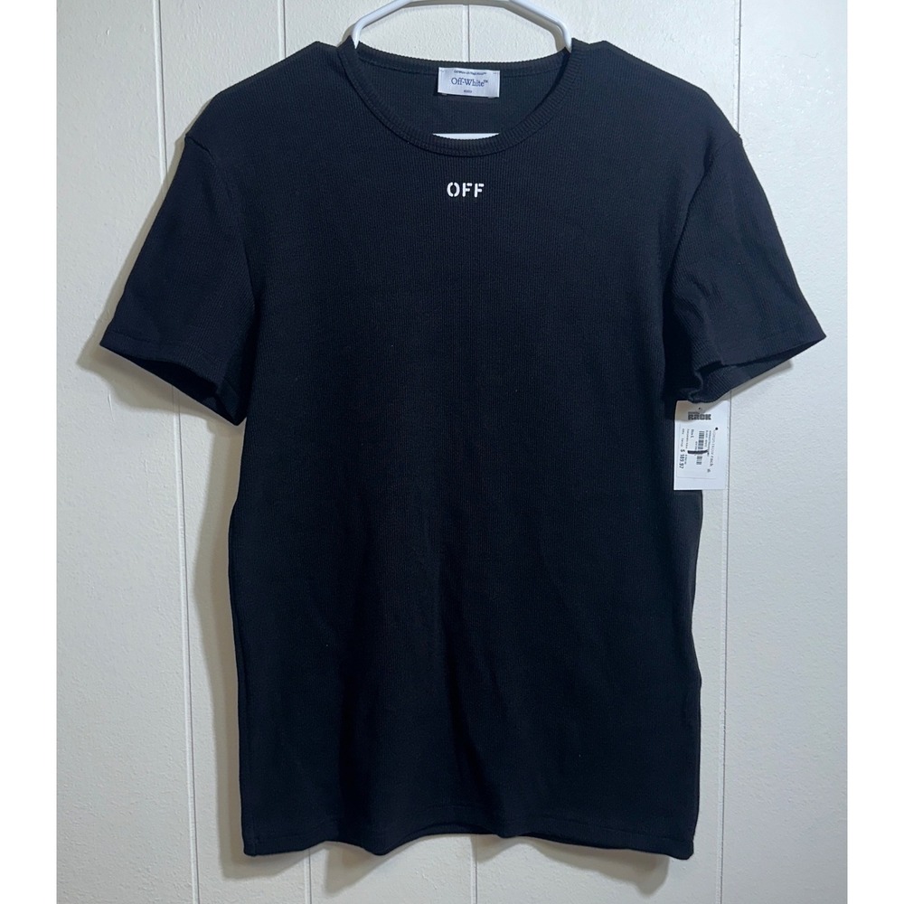 Off-White Virgil Abloh Black Ribbed Knit OFF Logo TShirt OMUY007F24JER001 Mens M